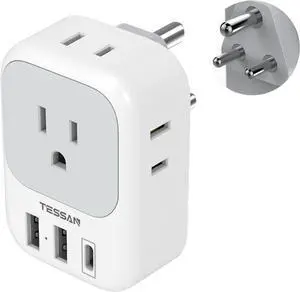 TESSAN US to India Plug Adapter, India Power Adapter with 4 American Outlets 3 USB Charger (1 USB C Port), Type D Travel Adaptor for USA to Bangladesh Maldives Nepal Pakistan