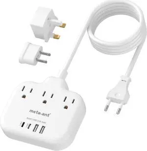European Travel Plug Adapter, International Power Adapter, US to UK Europe Power Strip for EU/UK/US with 3 AC Outlets & 4 USB(2 USBC), 5ft Extension Cord, Type C for EU UK Europe Germany France, White