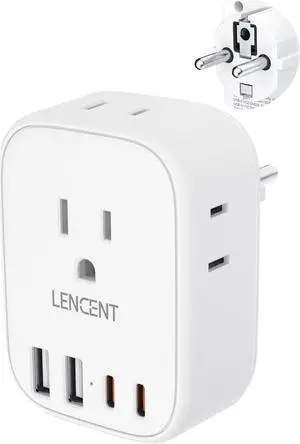 LENCENT Germany France Travel Power Adapter, Schuko Type E F Power Plug Adaptor with 4 USB Ports(2 Type C), 4 Outlet Converter, US to EU Spain French German Greece Norway Iceland South Korea Portugal