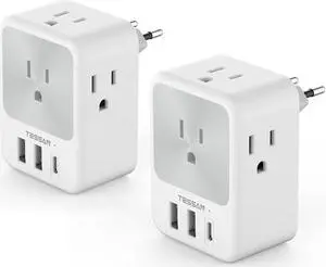 European Travel Plug Adapter 2 Packs, TESSAN Europe International Power Adaptor with 4 Outlets 3 USB Charging Ports (1 USB C), Type C Plug for Germany Iceland Spain Italy France