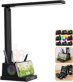 Small Desk Lamp for Home Office Bedroom, LED Desk Light with USB Charging Ports, Touch Table Lamps with Four Brightness Levels and 3-Way Dimmber Mode for Study, Kids Teens, Pen/Phone Holder, RGB Light