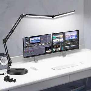 Toolour LED Desk Lamps for Home Office 2 in 1 Large Double Head Desk Lamp with Clamp & Base, Remote Control, Dimmable Architect Clip on Desktop Light Bar with Memory for Working, Crafting, Studying