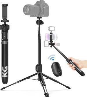 Vlogging Tripod for Phone and Camera, 60" Tripod Stand for iPhone and Android with 3 Cold Shoes for Light and Microphone (Both are not Included), Selfie Stick with Remote for Video Recording