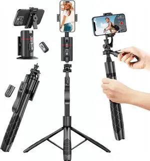 Auto Face Tracking Tripod, 360° Rotation Face Body Tracking Phone Holder, Rechargeable Phone Camera Mount Remote and Gesture Control with Adjustable Selfie Stick Tripod Stand for Phone Camera GoPro