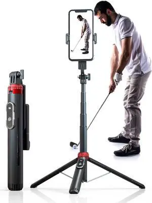 62" Phone Tripod & Selfie Stick for Golf Training, Extendable Cell Phone Tripod Stand with Wireless Remote and Phone Holder, Golf Training Aid - Compatible with iPhone Android iPhone