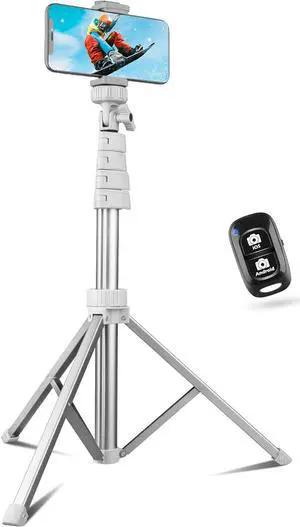 Sensyne 67" Phone Tripod & Selfie Stick, Extendable iPhone Tripod Stand with Wireless Remote and Phone Holder, Compatible with Cell Phone, Camera (Silver)