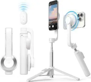 elago Magnetic Selfie Stick Tripod Compatible with MagSafe for iPhone and Galaxy, Strong Magnetism, Portable, Lightweight, Extendable [Pouch, Bluetooth Remote, Guide Sticker Included] [White]