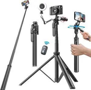 80" Phone Tripod Selfie Stick - Tall Tripod for iPhone with Remote Cellphone Holder Stick for Video Photo Vlog, 360° Rotation Phone Camera Tripods Cold Shoe Mount for iPhone Android