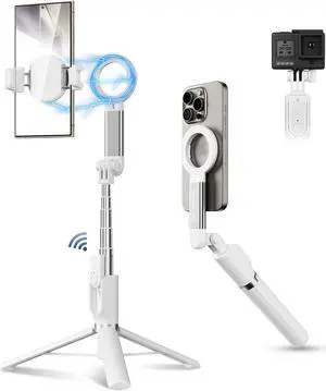 Magnetic Phone Tripod Selfie Stick, 40.9" Extendable Cell Phone Tripod Stand for iPhone 17 16 15 14 13 12 MagSafe Phone Case with Clamp & Wireless Remote for Selfie Vlogging Video Recording-White