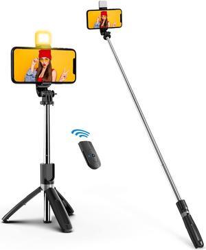 Selfie Stick with Fill Light, 104cm Extendable Selfie Stick Tripod with Wireless Remote, 3 Light Modes, 6 Brightness Levels, Compatible with iPhone 14/13/12/11, Samsung Galaxy, Google, Huawei, etc