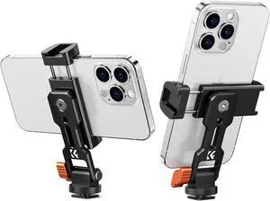 K&F Concept Metal Phone Tripod Mount, Universal Smartphone Stand with 2 Cold Shoe Mount, Adjustable Cellphone Holder for Horizontal and Vertical Shooting, Compatible with iPhone/Samsung and All Phones