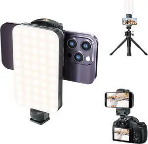 Phone Tripod Mount with Light, Camera Phone Mount with Hotshoe, Rechargeable RGB Video Light for DSLR Cameras Photography Selfie Tiktok Content Creator Accessories