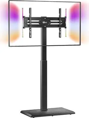 WALI Floor TV Stand with LED Lights, Tall TV Stand Mount for 32-75 inch TV up to 110 lbs, Swivel and Height Adjustable TV Stand with Wood Base for Bedroom, Office(TVDVD-7L), Black