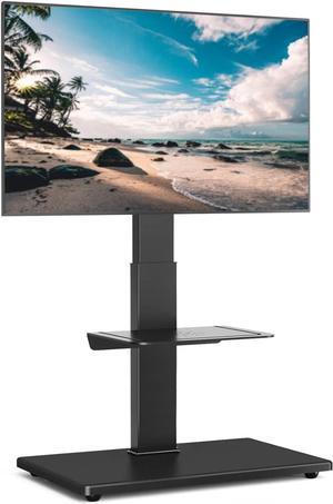 Rfiver Universal Swivel Floor TV Stand with Sturdy Wood Base for 40-77 Inch LCD LED Flat/Curved Screen TVs, Height Adjustable Standing TV Mount with Flexible Shelf and Cable Management, Black