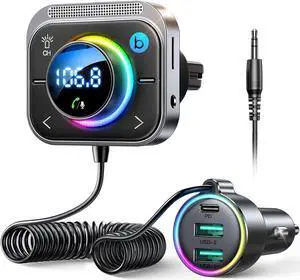 JOYROOM 66W Bluetooth 5.4 Car Adapter Aux with 3 Charging PortsPD 30W & 2 * 18WAir Vent Installation for Safe Deep HiFi Bass Player Wireless Radio FM Transmitter for Car with Colorful LED Light
