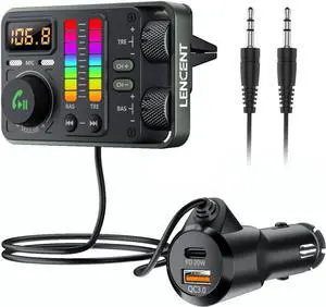 Bluetooth 5.3 Car FM Transmitter Hi-Fi Treble & Bass Music Player PD20W QC18W Fast Charger Radio Bluetooth Car Adapter with Dual Mics for Hands-Free Call Siri&Google U Disk/3.5mm AUX
