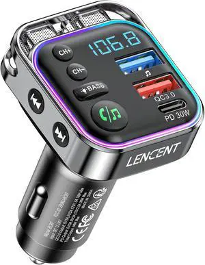 Bluetooth 5.3 FM Transmitter Car Adapter 48W (PD30W & QC18W) Fast Charger Light Switch HiFi Bass Sound Audio Receiver Wireless Radio MP3 Music Player Hands-Free Calling Support USB Drive