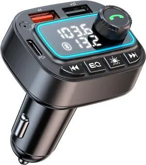 Bluetooth 5.3 Car Adapter FM Transmitter, 42W (PD30W & 12W) USB C Car Charger Wireless Radio Receiver, Hands-Free Calling MP3 Audio Player Cars Kit, Light Switch & Fast Charging & Deep Bass (Black)