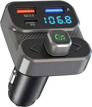 Bluetooth 5.0 FM Transmitter for Car, Built-in Microphone, USB Charging Port, Black, BC95LK