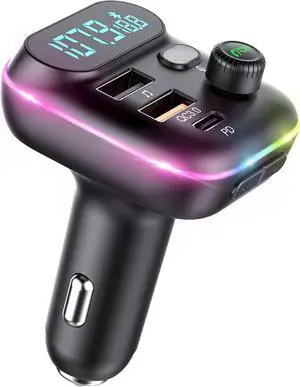 VR robot Upgraded Bluetooth FM Transmitter for Car, Wireless Bluetooth 5.0 FM Car Adapter with Dual USB Ports,Support 20W PD+QC3.0 Fast Charger, Stronger Microphone,7 Colors LED Backlit