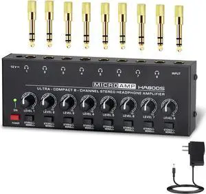 COKYIS Headphone Amplifier - Stereo/mono switching Ultra-Compact Audio Mini Amplifier with power Upgraded headphone amplifier 8 channel Suitable for Sound Mixer, Metal, HA800S, Black