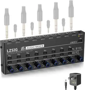 Audio Mixer, Stereo Line Mixer for Sub-Mixing, Ultra Low-Noise, 8-Channel, Dynamic Microphone Independent Control, 1/4" & 1/8" TRS Output and Input, for Guitars,Bass,Keyboards