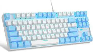 75% Mechanical Gaming Keyboard with Red Switch, MageGee LED Blue Backlit Keyboard, 87 Keys Compact TKL Wired Computer Keyboard for Windows Laptop PC Gamer - White/Blue