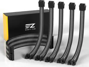EZDIY-FAB PSU Cable Extension Sleeved Custom Mod GPU PC Power Supply Soft Nylon Braided with Comb Kit 24PIN/3x 8PIN to 6+2Pin/ 2X 8PIN to 4+4PIN-300MM/11.8in - Black/Gray