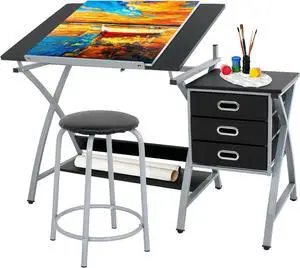 ZENY Drafting Table and Stool, Tilted Draft Table Desk w/Drawers, Artist Drawing Desk Craft Table for Drafting, Painting, Reading, Writing