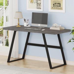 BON AUGURE 55 Inch Home Office Desks, Modern Office Desk, Wooden Computer Desk, Minimalist Writing Desk, Farmhouse Wood and Metal Work Table Workstation (Dark Grey Oak)