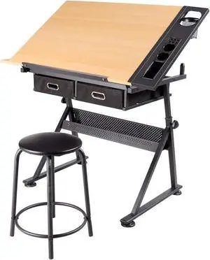 Topeakmart Height Adjustable Drafting Table Drawing Desk Tiltable Tabletop Art Craft Work Station with Stool for Artists Painters Students Adults
