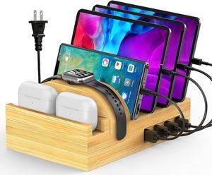 Bamboo Charging Station for Multiple Devices, Alltripal Wood Desktop Docking Station 7-Port Multi-Charger Organizer Fast USB Charger Compatible with iPhone, iPad, AirPods, iWatch, Cell Phone, Tablet