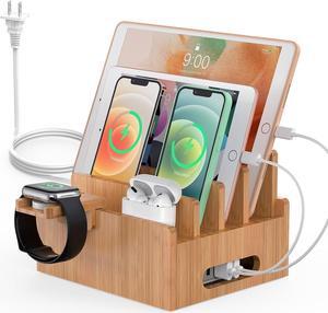 Bamboo Charging Station for Multiple Devices with 5 Port USB Charger, 5 Cables, Smart Watch & Earbuds Stand, Desk Docking Stations Electronic Organizer for Cell Phone, Tablet