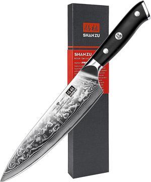 SHAN ZU Chef Knife 8 Inch Japanese Steel Damascus Kitchen Knife, Professional Kitchen Knives Sharp High Carbon Super Steel Kitchen Utility Knife