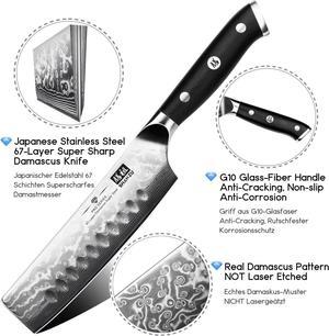 SHAN ZU Chef Knife Damascus Professional Extra Sharp Kitchen Knife Japanese Nakiri Knife, High Carbon Super Steel Chef's Knife with Ergonomic G10 Glass Fiber Handle