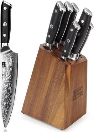SHAN ZU Damascus Kitchen Knife Set, 7-Piece Professional Knife Sets for Chefs, Japanese Super Steel Damascus Kitchen Knife Set With G10 Handle Knife Block Set
