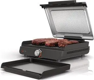 GR101 Sizzle Smokeless Indoor Grill &Griddle, 14" Interchangeable Nonstick Plates, Dishwasher-Safe Removable Mesh Lid, 500F Max Heat, Even Edge-to-Edge Cooking, Grey/Silver