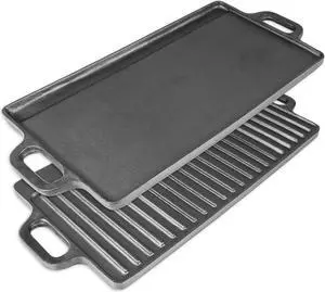 ProSource 2-in-1 Reversible 19.5 x 9 Cast Iron Griddle with Handles, Preseasoned & Non-Stick for Gas Stovetop, Oven and Open Fire.
