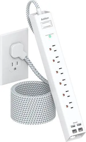 Extension Cord 10 ft - Long Power Strip Surge Protector 6 AC Outlet 4 USB (2 USB C) Flat Plug Wall Mount Multi Plug Outlet Extender Desk Charging Station for Home Office Dorm Room Essentials
