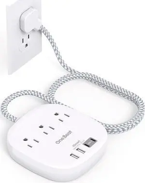 Flat Plug Power Strip 5ft Flat Extension Cord 3 Outlets 4 USB Ports (2 USB C) 22.5W/4.5A Desktop Charging Station Cruise Ship Power Strip No Surge Protection Dorm Room Travel Essentials