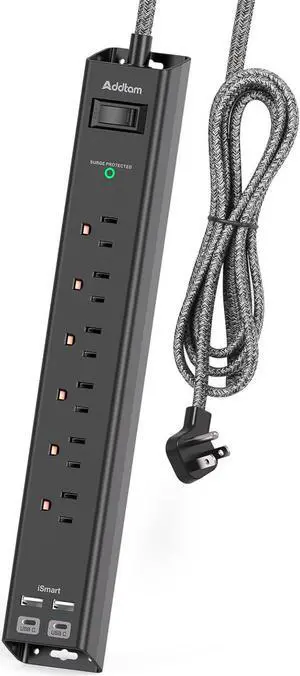 Surge Protector Power Strip - Extension Cord with 6 AC Outlets 4 USB (2 USB-C Ports) Flat Plug with Overload Surge Protection Wall Mount 5ft Outlet Extender for Home Office Dorm Room Essentials