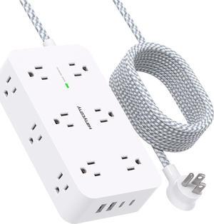 Extension Cord 10 Ft, Power Strip Surge Protector with 12 Outlets 4 USB Ports (2USB C), Large Desk Power Strip with Long Cord, Flat Plug, Wall Mount for Office Home College Dorm Room Essentials, White