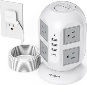 Tower Surge Protector Power Strip 10 ft, TESSAN Long Flat Extension Cord with Multiple Outlets, 8 AC Outlets with 4 USB Ports (1 USB C), Charging Station with Surge Protection, for Home Office Dorm