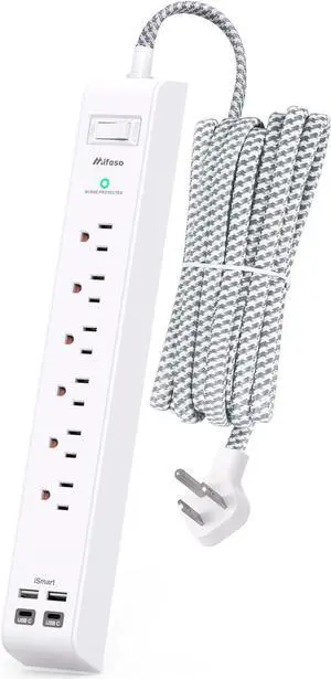 Surge Protector Power Strip 10 ft with 4 USB Ports 2 USB-C 6 AC Outlets Flat Plug Extension Cord USB Charging Station Wall Mountable for Home Office Dorm Essentials 1080J ETL Listed