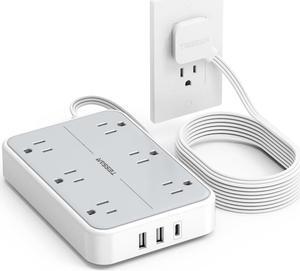 TESSAN Flat Extension Cord 10 FT with Flat Plug Power Strip, Small Extension Cord with 6 AC Outlet 1 USB C and 2 USB A, 1080J Surge Protector Power Strip, Wall Mount for Dorm Room Office Home