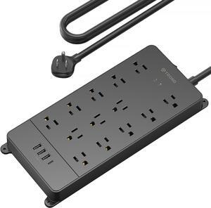 TROND Surge Protector Power Strip, 4000 Joules, ETL Listed, 13 Widely-Spaced Outlets Expansion with USB C Ports, Low-Profile Flat Plug, Wall Mountable, 5ft Extension Cord, 14AWG Heavy Duty, Black