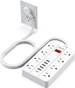 Power Strip with USB Surge Protector Flat Plug with 8 Widely Spaced Outlets and 6 USB Ports(1 USB C) 5ft Extension Cord Wall Mountable Phone Tablet Laptop Computer Multiple Devices