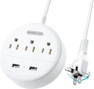 NTONPOWER 2 Prong Power Strip, 1875W/15A, 180° Rotating Plug, Two Prong Power Strip, 2 Prong to 3 Prong Outlet Adapter, 3 Outlets 2 USB, Extension Cord 6 feet, Ideal for Old House