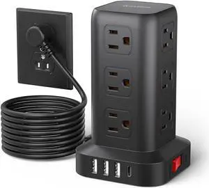 Surge Protector Power Strip 10 FT Cord, Power Strip Tower with 4 USB Ports (1USB C), Extension Cord with 12 AC Multiple Outlets, Home Office Supplies Desk Accessories, Dorm Room Essentials