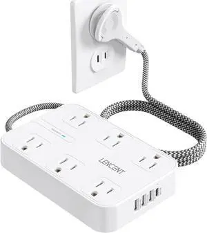 LENCENT 2 Prong Power Strip, 3 to 2 Prong Outlet Adapter, Two Prong Surge Protector, 6ft Braided Extension Cord with Thin Flat Polarized Plug, 6 AC&4 USB(1 Type-C), Wall Mount for Non-Grounded Outlet